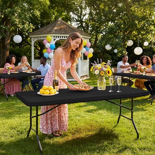 Fitted Stretch Tablecloth for 8ft Rectangular Tables - Black, 6 Pack - Spandex Fit