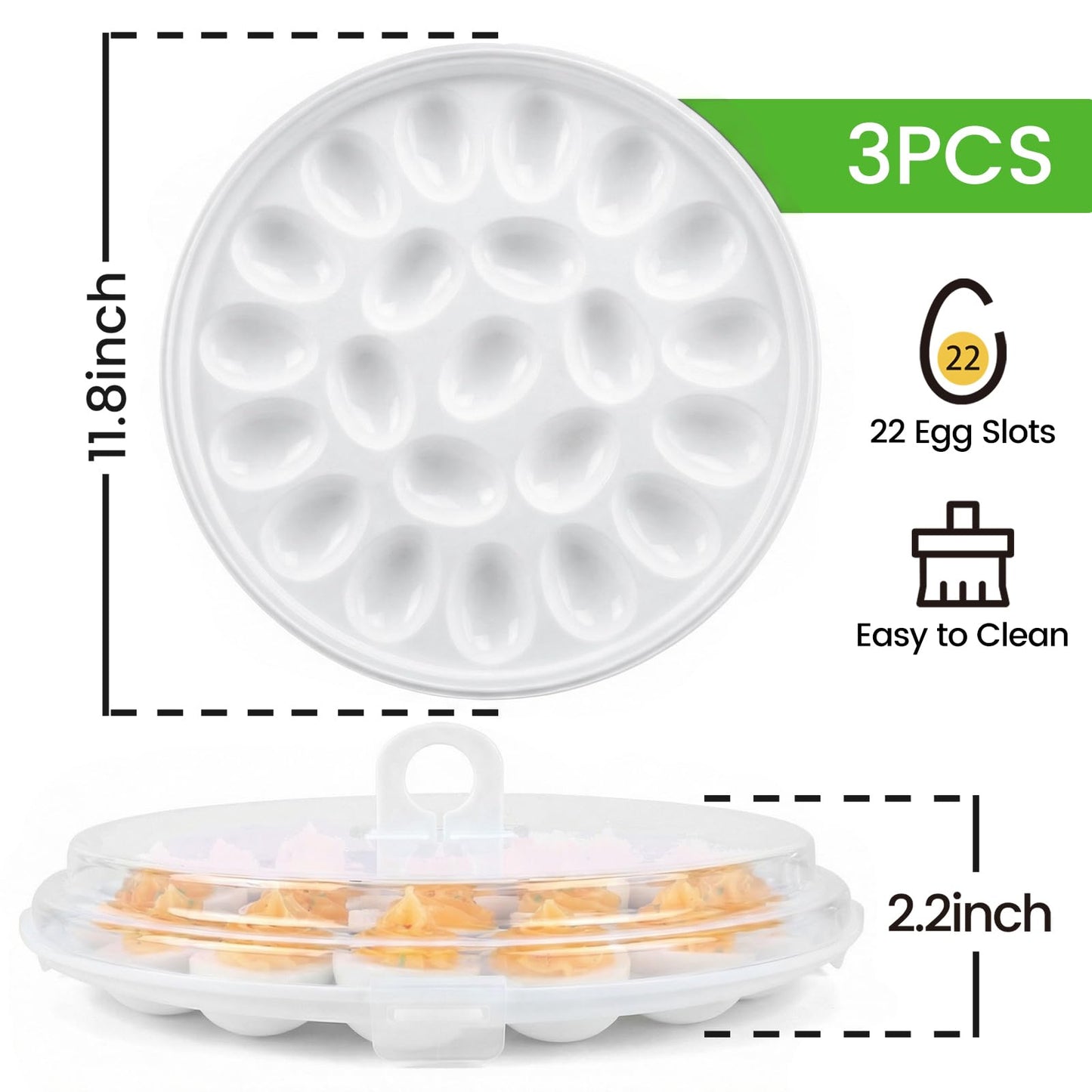 HANSGO Deviled Egg Containers with Lid, 3PCS Deviled Egg Platter Carrier Holder Trays with 66 Slots for Festival Party and Home Kitchen, White