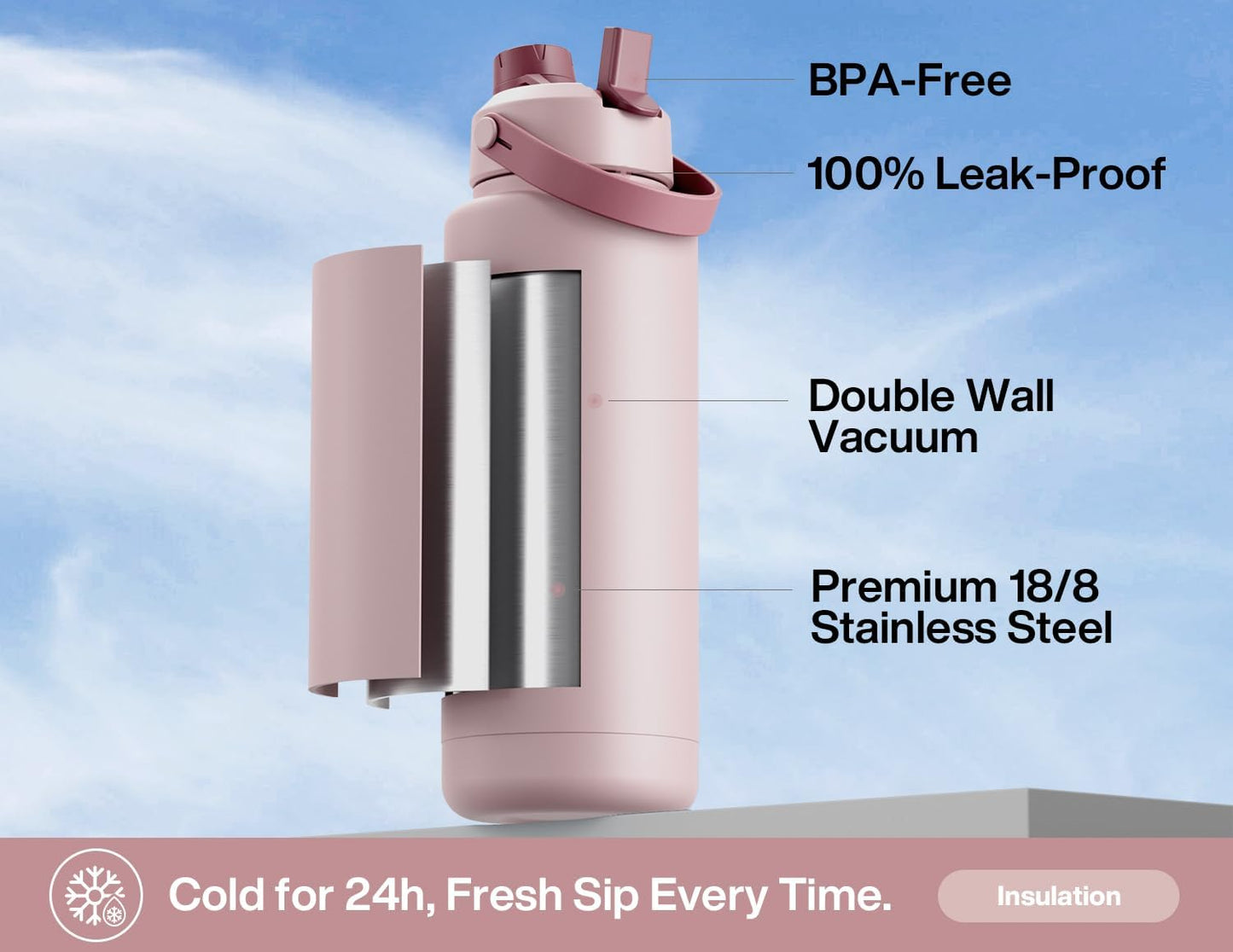 POWCAN 40 oz Insulated Water Bottle - 2-in-1 Straw & Spout Lid, Keeps Drinks Cold 24H | BPA-Free, Leak-Proof, Dried Rose