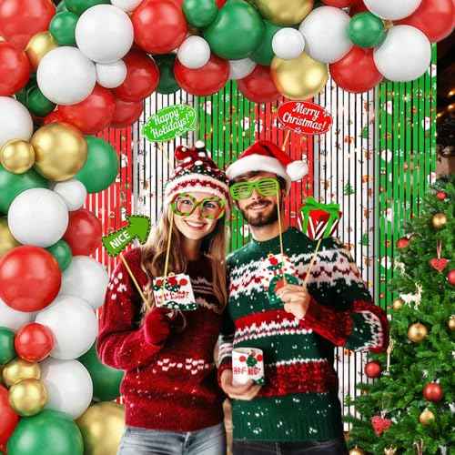 MEHOFOND 164pcs Merry Christmas Party Decorations Set, Christmas Foil Fringe Curtains, Red Green Gold Balloons Arch Garland Favors for Kids Adults Friends Ugly Sweater Party Props for Photo Supplies