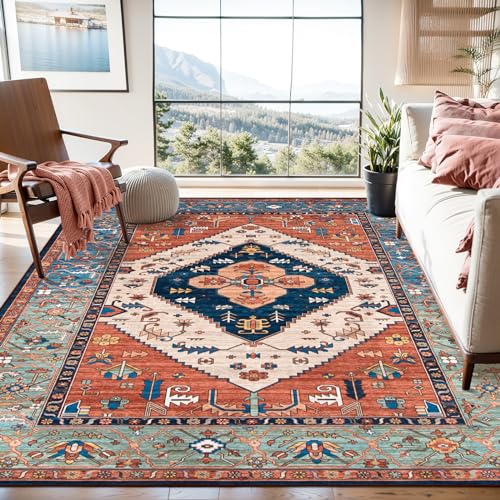 6x9 Rust Oriental Washable Rug - Non-Slip Vintage Area Carpet for Living Room