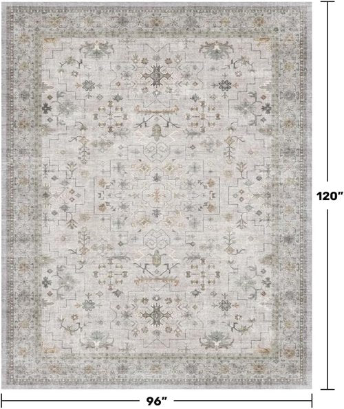 Hazo Haus Boho Light Grey Area Rug - Modern Vintage Floral Design | Washable 8x10 Non-Slip Extra Large for Living Room & Dining Room