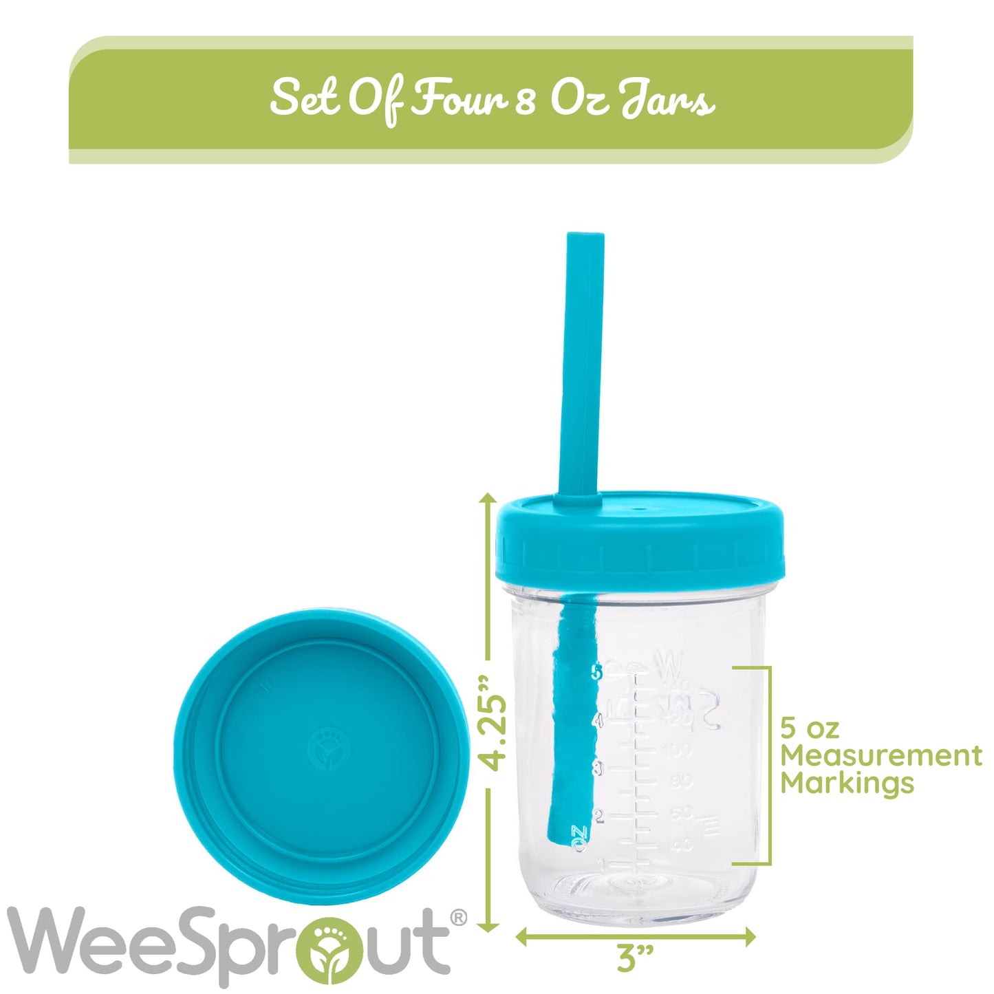 WeeSprout Glass Cups With Lids & Straws, Spill-Resistant Smoothie Cups for Toddlers & Kids, Baby Food Storage & Snack Jars, XL Silicone Straws, Easy-Grip Sleeves, 12 oz, Set of 4