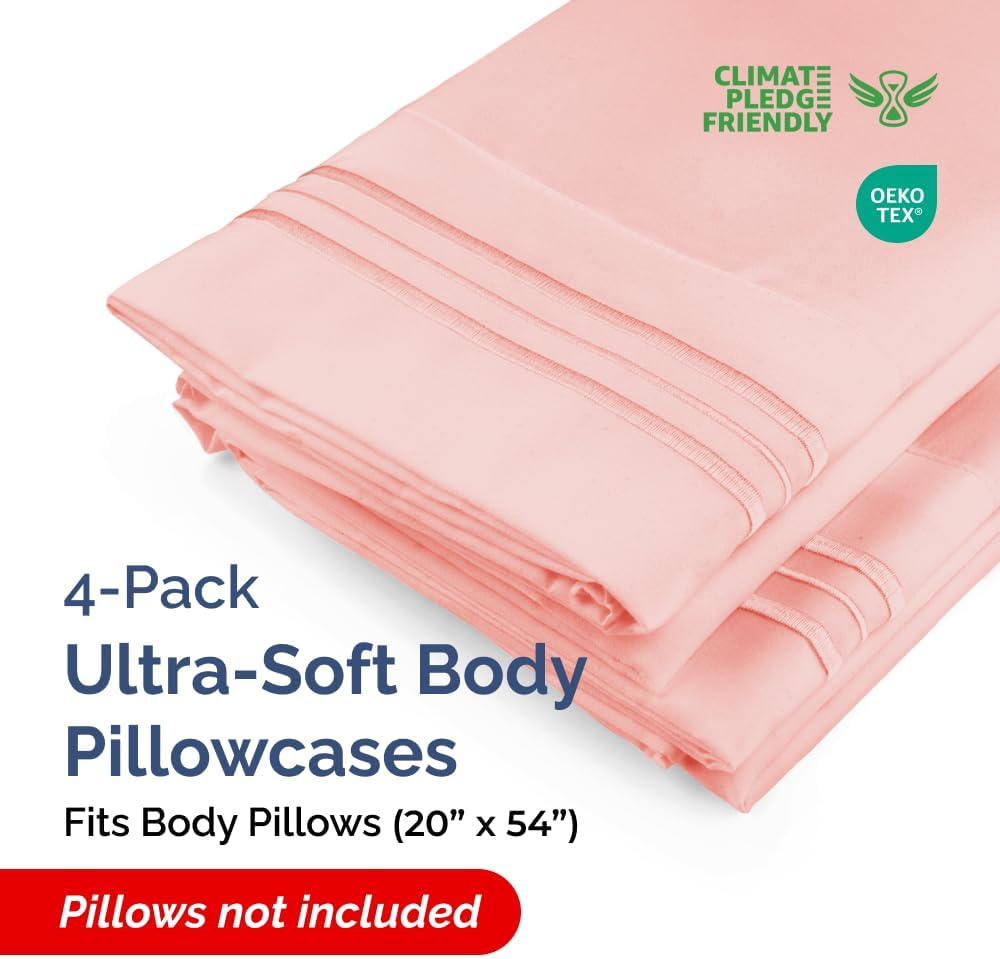 Skiennix Body Pillowcases Set of 4 | Soft, Breathable 20x54 Long Pillow Covers - Comfy & Fade-Free - Machine Washable (Baby Pink)