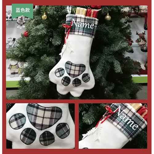 SherryDC Cat Paw Christmas Stockings, Plush & Plaid Hanging Socks for Holiday and Christmas Decorations, Green