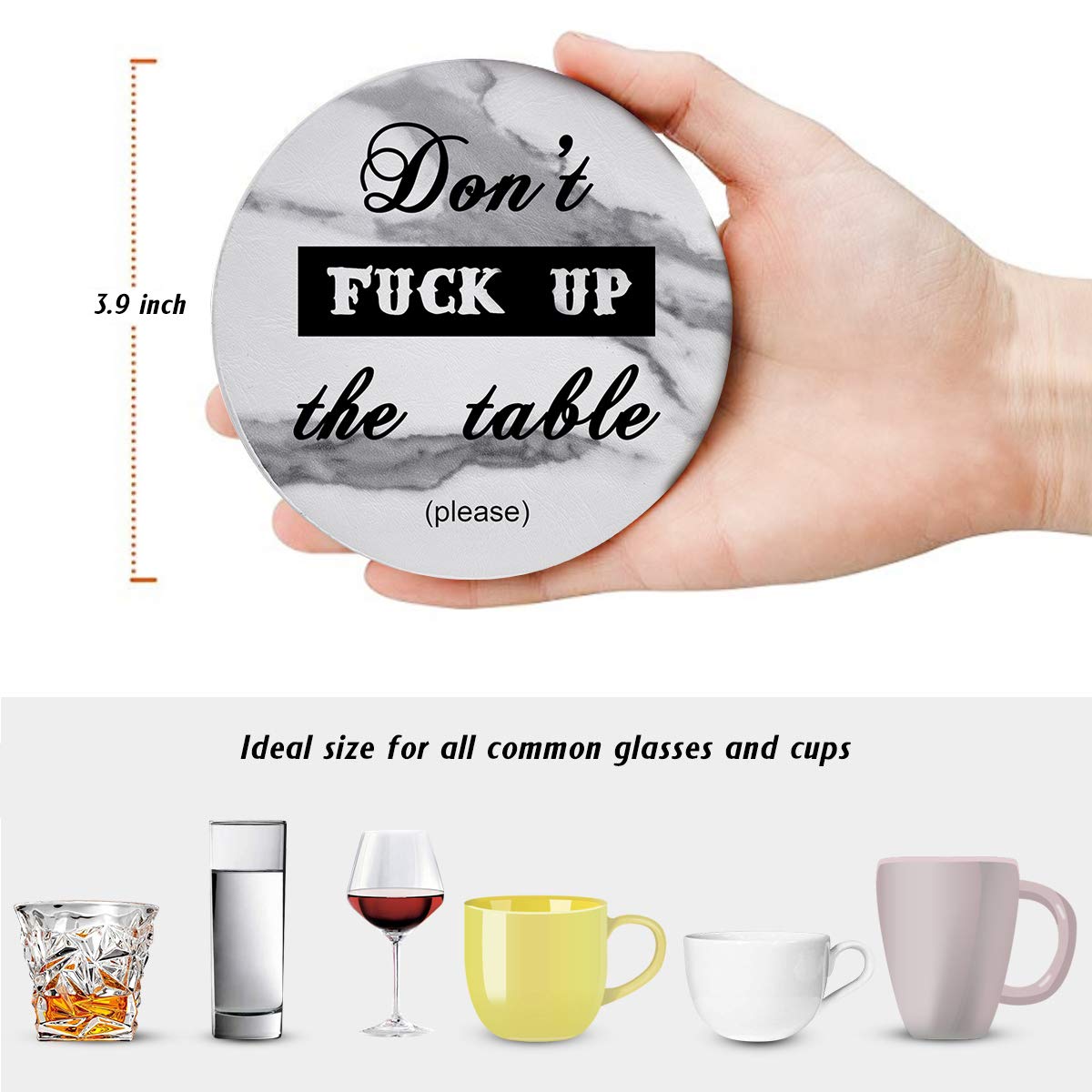 Thipoten Funny Coasters, 6 Pcs Leather Coasters with Holder, Perfect Housewarming Hostess Gifts, Protect Furniture from Water Marks Scratch and Damage(6Pcs, White Marble)