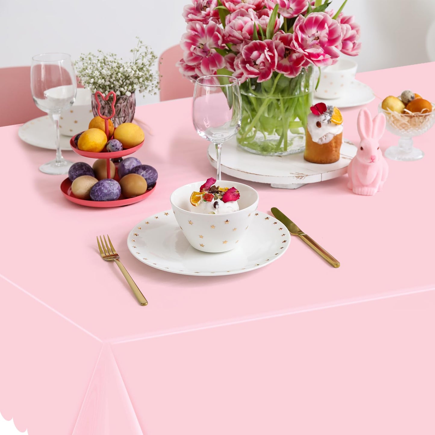 Ohkishly 3 Pack Plastic Pink Tablecloths for Rectangle Tables,Disposable Scalloped Edge Table Cloth Waterproof Pink Table Cover for Birthday Bridal Wedding Baby Shower, 54 X 108Inch