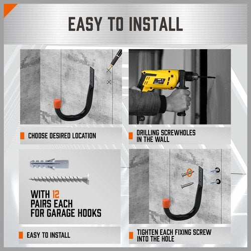 HORUSDY Heavy Duty Metal Wall Hooks - 6-Pack for Garage Storage & Organization | Black J Hooks for Tools & Ladders