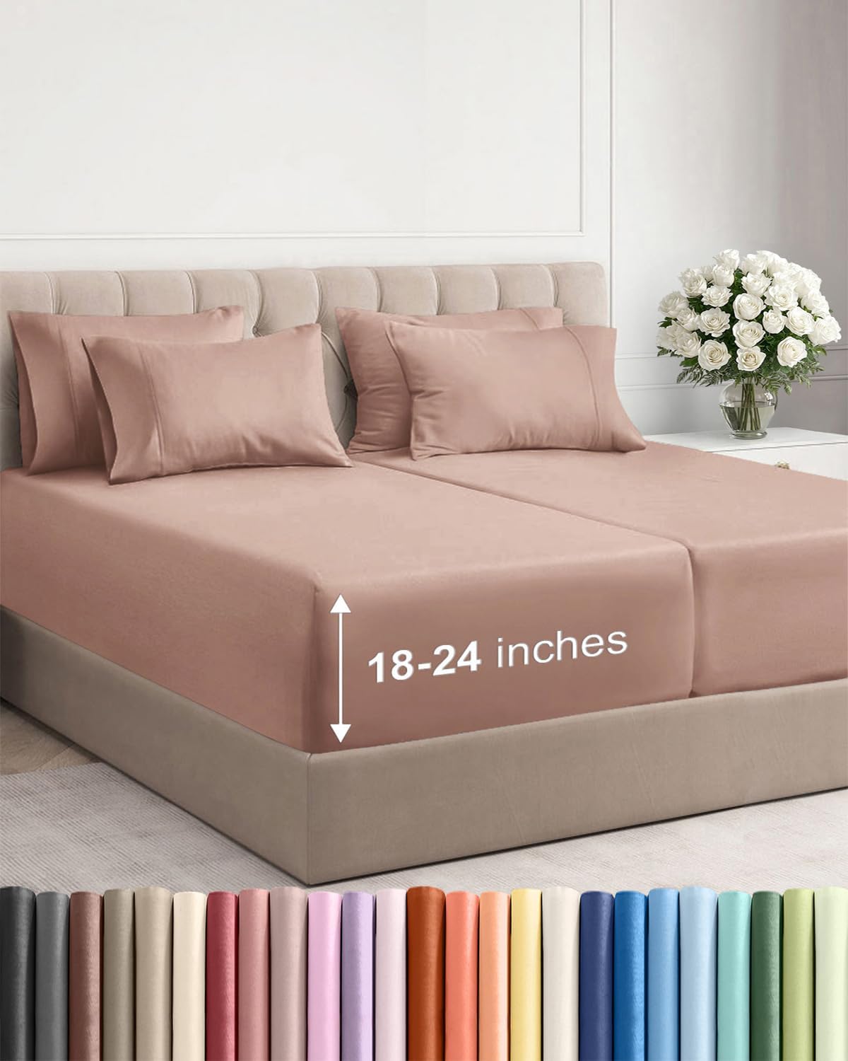 Skiennix Extra Deep Split King Sheet Set - 7 Piece Breathable Cooling Bedding - Soft, Wrinkle-Free Mauve
