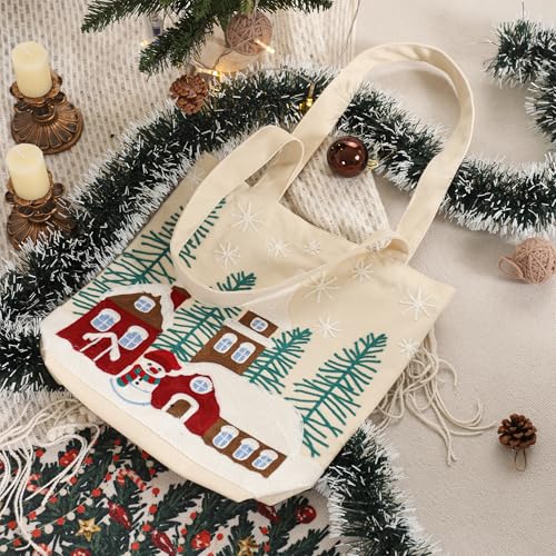 Christmas Embroidery Canvas Tote Bag Cute Reusable Gift Bags for