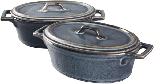 Ceramic Mini Oval Cocotte Set - 10 Oz Casserole Dishes with Lids & Handles | Set of 2, Blue 7.1 Inch