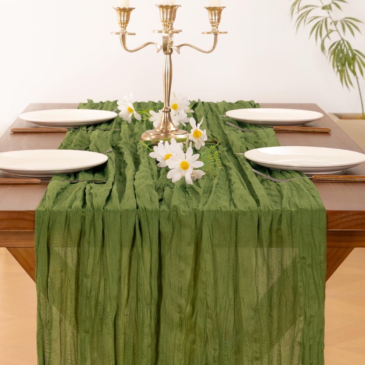 Socomi 6pcs Campsite Green Summer Cheesecloth Table Runner Boho Rustic Gauze 120 inch 10FT Cheese Cloth Sheer Runner for Wedding Party Baby Shower Birthday Home Decor Holiday Decorations