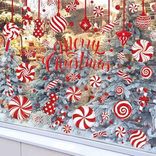 Christmas Window Clings Candy Cane Xmas Ball Window Stickers Red White Reusable PVC Window Decal for Winter Glass Mirror Decor, 8 Sheets