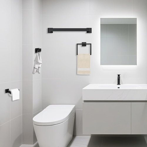JOPOFI 5 Piece Bathroom Towel Bar Set - Matte Black SUS304 Stainless Steel Wall Mounted Towel Racks, 15.7 Inch