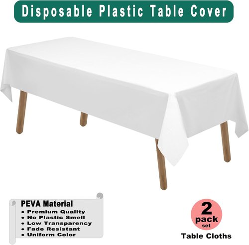 **PARTY ULYJA White Plastic Tablecloths - 2 Pack Disposable Covers for Bridal Showers & Events | 54 x 108 Inch**