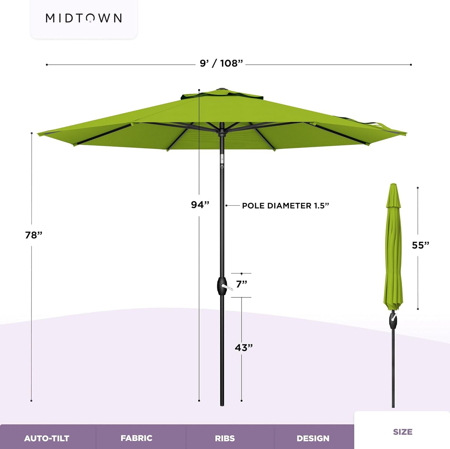 Midtown Umbrellas 9 Ft Patio Umbrella - 10-Year No-Fade Terylast Fabric, Auto-Tilt Frame | Pear Green Canopy, Black Pole