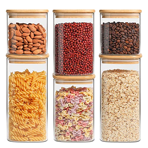 Glass Pantry Storage Containers Set of 6 - 0.7 Qt, 1.2 Qt, 1.6 Qt Square Jars with Bamboo Lids