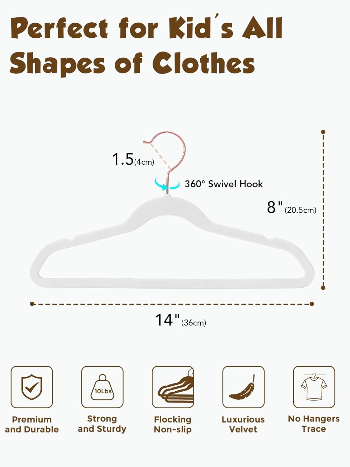 Smartor Kids Velvet Hangers - 50 Pack Premium Non-Slip Felt Hangers for Toddler Clothes | 14 Inch White with Rose Gold Hook