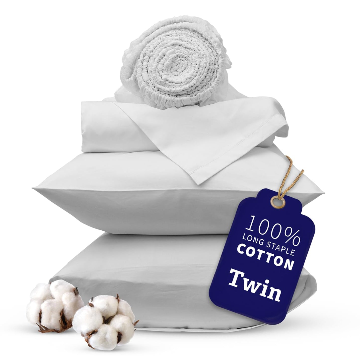 bluebobbin 4 Piece Sheet Set 100% Long-Staple Cotton Twin Sheet Set Luxurious Sateen, Soft Breathable and Durable All Season Hotel Luxury 16-Inch Deep Pockets with Envelope Pillowcases – White