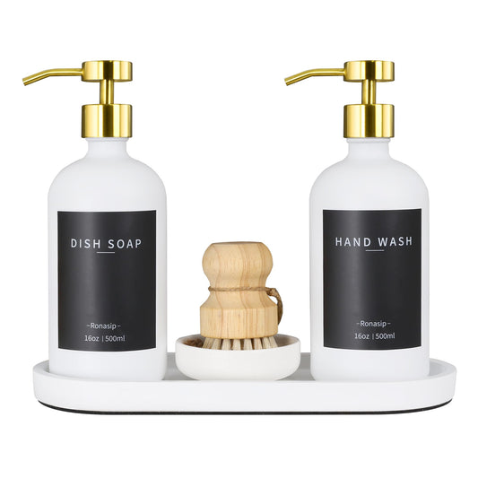 Ronasip Set of 5 Kitchen Soap Dispenser Set 16 Oz Glass Hand Dish Soap Dispenser with Stainless Steel Pump, Cement Tray, Dish Scrub Brush for Farmhouse Rustic Home Bathroom Decor (White)
