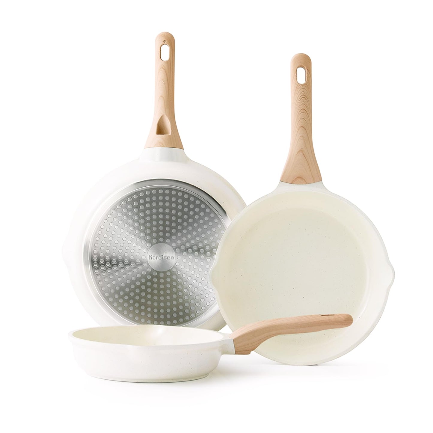 Kordisen Nonstick Ceramic Frying Pan Set, 3 Piece Ceramic Skillet Set, Healthy Non Toxic Cooking Pan, Stay-Cool Handle, Induction Compatible, PFOA & PFAS Free, White
