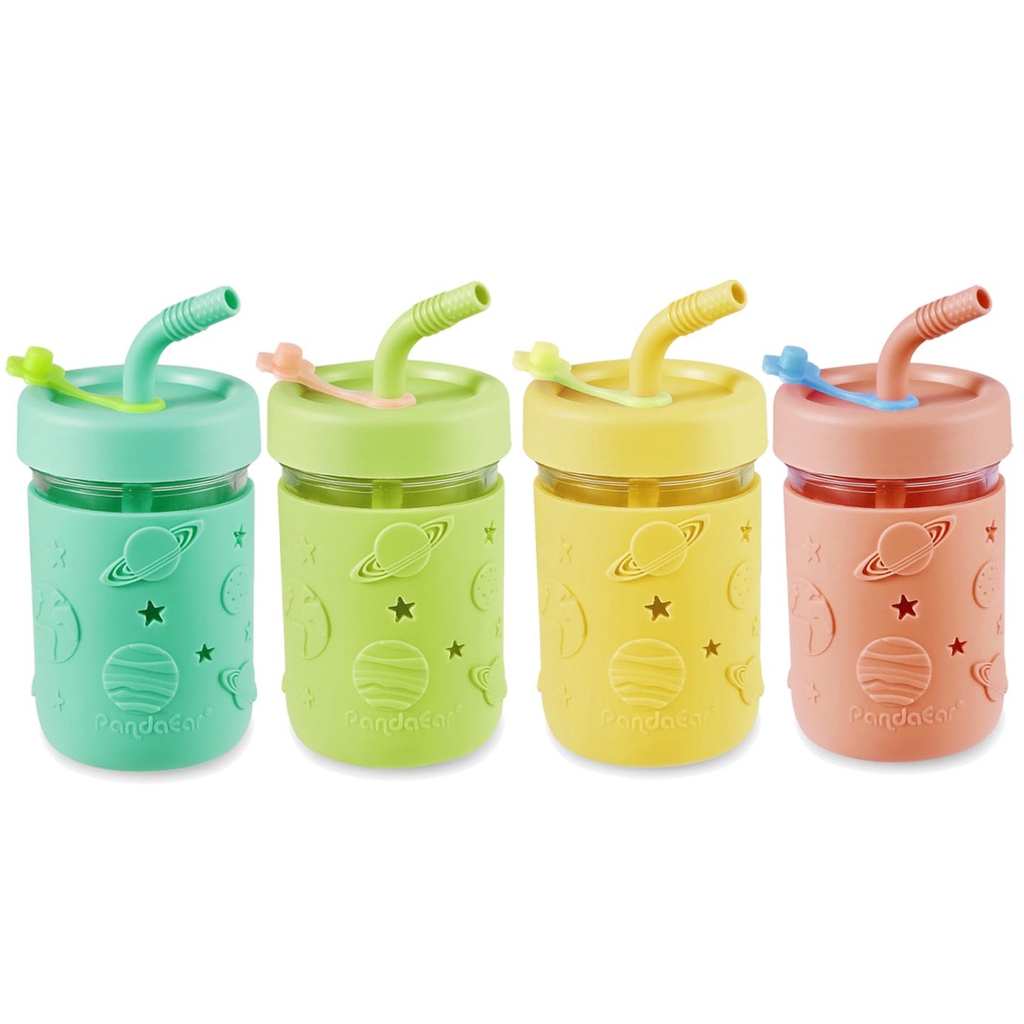 PandaEar Kids & Toddler Glass Cups, 4 Pack Glass Mason Jar Cups 8.45 oz with Silicone Sleeves & Straws, Spill-Proof Smoothie & Snack Cups for Children Ages 3+