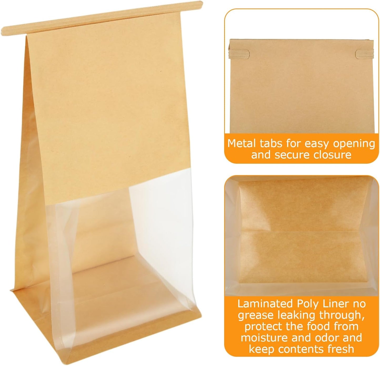 Skiennix Bakery Bags - 150PCS Brown Kraft Paper Cookie Bags with Window | 5.1 x 4.3 x 11.2 Inch for Gifts & Favors