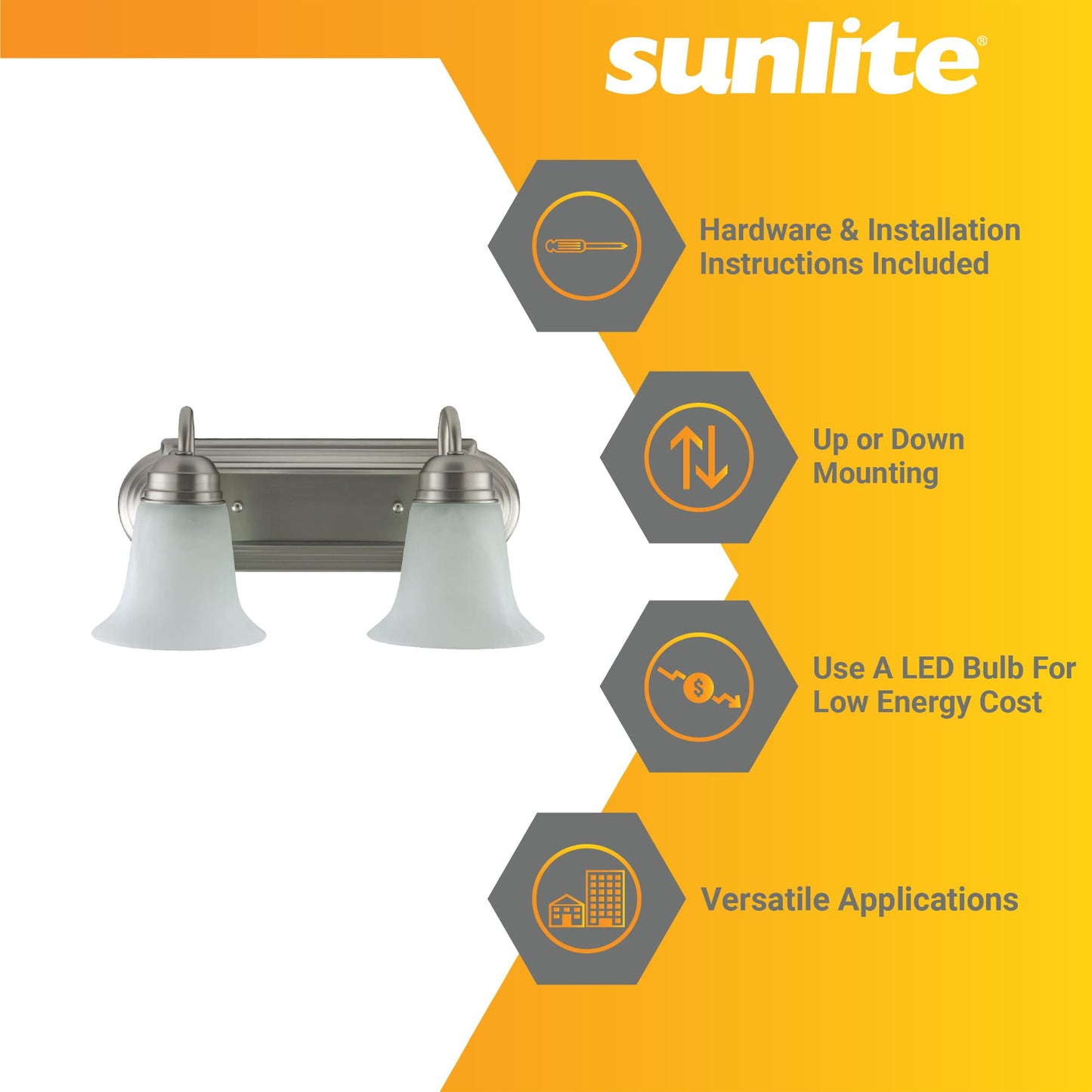 Sunlite 45430 14-Inch Traditional Vanity Light, Classic Decorative Wall Sconce, Bell-Shaped Alabaster Glass Shades, 2 60W A19 Bulbs (Not Included) Mirrors, Bathrooms Powder Room, Brushed Nickel Finish