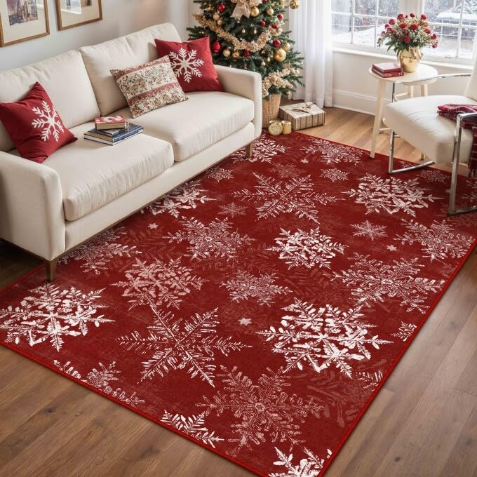PureCozy Christmas Area Rug 3x5 ft Snowflakes Red Non-Slip Holiday Carpet