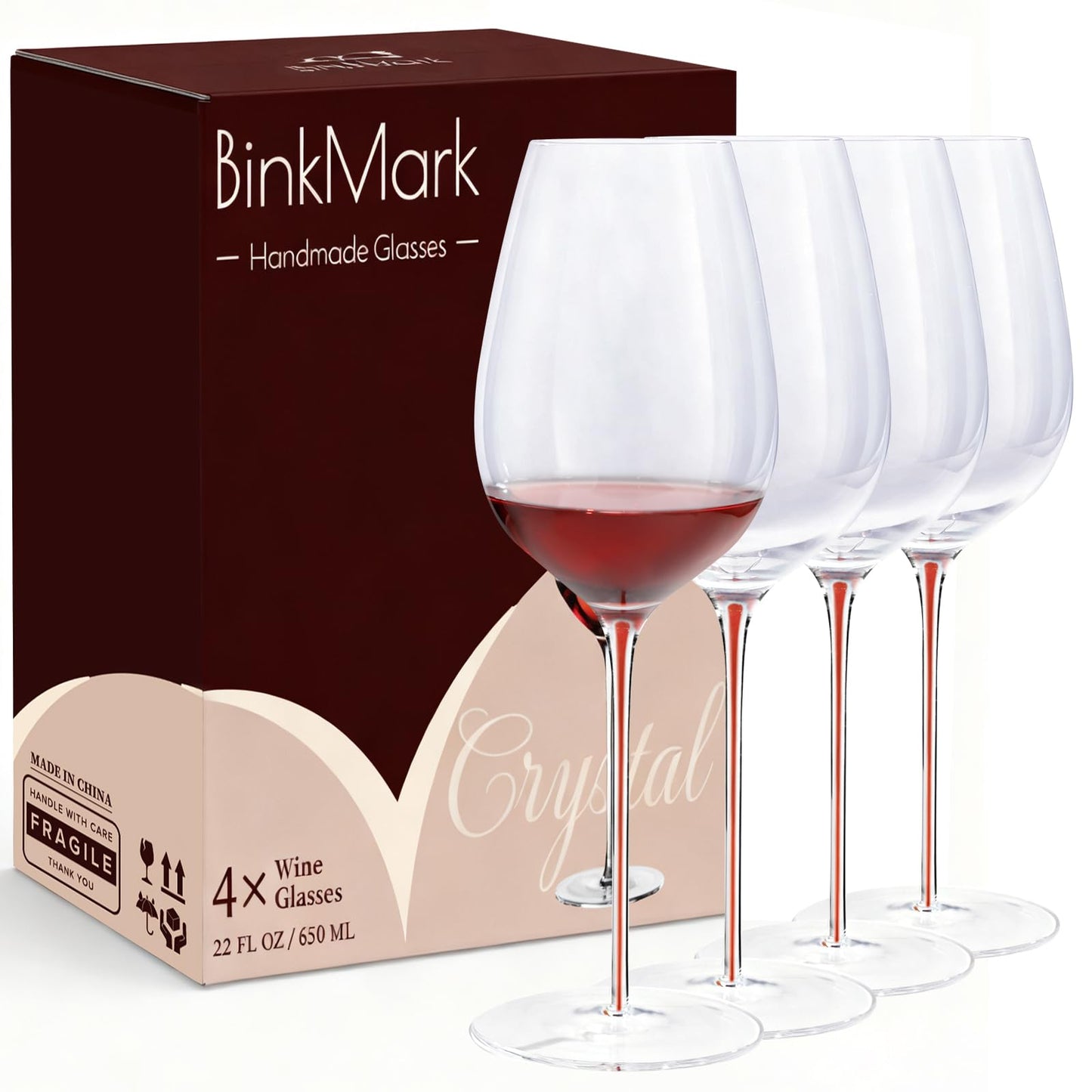 BinkMark Red Wine Glasses Set of 4 | 22oz Hand-Blown Crystal | Red Stem | Ultra-Thin Rim | For Wine Lovers, Date Nights, Anniversary Dinners | Lead-Free Certified | Gift Box