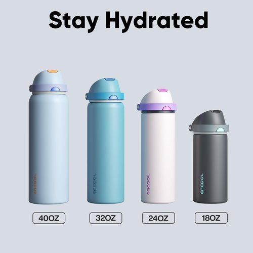Insulated Water Bottle with Straw - Encool Stainless Steel Water Bottle with Push Button Lid, Leak-Proof & BPA-Free, Keeps Cold for 24 Hours for Sports, Travel, Gym (24 oz, Tuna Grey-Green)