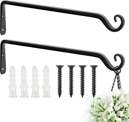 Feed Garden Heavy-Duty Metal Plant Hangers - 15 Inch Hand-Forged Bracket for Outdoor Decor | Black (2 Pack)