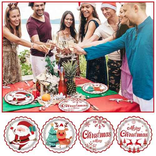 48 Pack Christmas Paper Plates Disposable 7 Inch - 4 Assorted Designs with Santa, Reindeer & Holiday Greetings - Heavy Duty Red & White Holiday Plates for Christmas Party Supplies, Dinner, Dessert