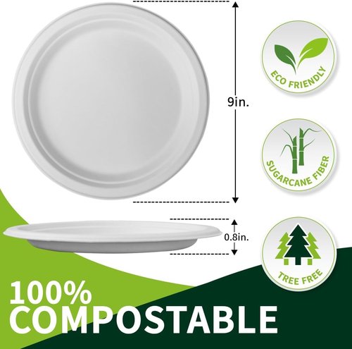 Eco-Choice 9-Inch Compostable Paper Plates - 150 Pack of Sturdy, Biodegradable Dinnerware for Parties & Picnics