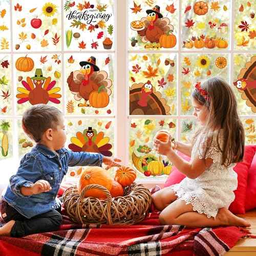 9 Sheets Thanksgiving Window Clings, 115PCS Thanksgiving Decorations Window Stickers, Turkey Decal Stickers with Cute Cones Nuts Maple Leaves Patterns for Fall Harvest Decorations Decor Accessories