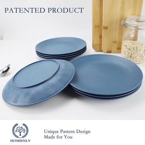 Homienly Flat Dinner Plates Set of 8 Alternative for Plastic Plates Microwave and Dishwasher Safe Wheat Straw Plates for Kitchen Unbreakable Kids Plates (Blue, 9 inch), MS 01