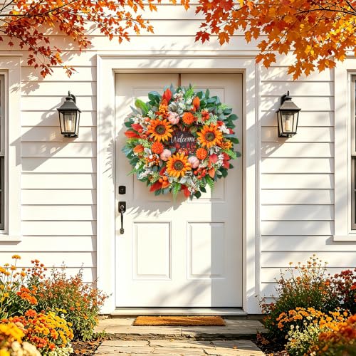 24In Fall Wreaths for Front Door, Welcome Sunflower Pumpkin Autumn