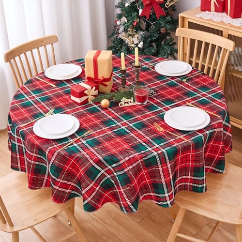 VEDACHIC V65 Christmas Red Green Plaid Round Tablecloth 60 Inch Waterproof Holiday Decor