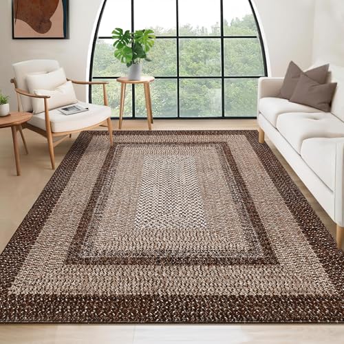 Brown 8x10 Washable Farmhouse Braided Print Area Rug with Non-Slip Backing