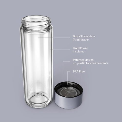EVER VESSEL Glass Multi Tea Infuser Bottle 14oz - Double Wall Borosilicate Glass Flask | No Plastic Touches Contents | Perfect for Office or Home - Purple