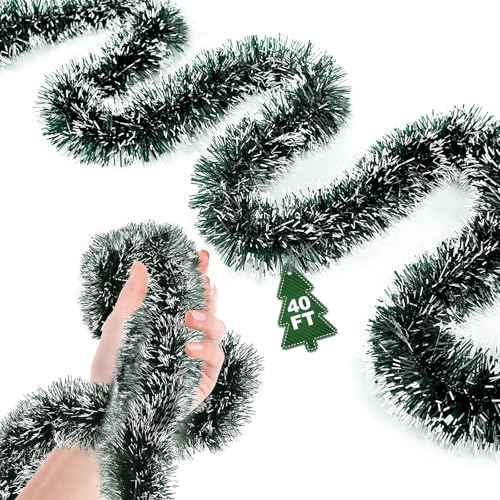 40Ft Christmas Garland - Christmas Tree Tinsel, Christmas Tinsel Decorations for Indoor&Outdoor Home Decor, Christmas Metallic Twist Garland Ceiling Hanging Decorations for New Year(Green)