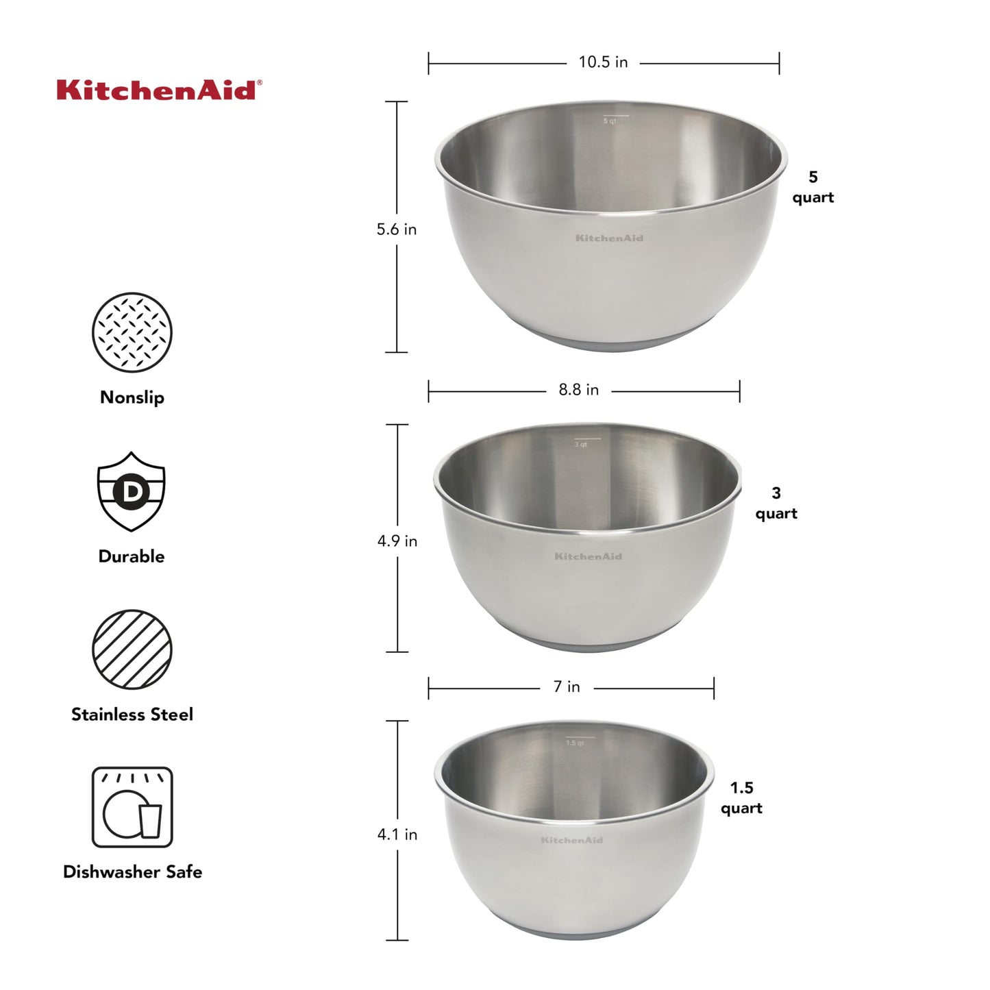 KitchenAid Stainless Steel Mixing Bowls, Set of 3
