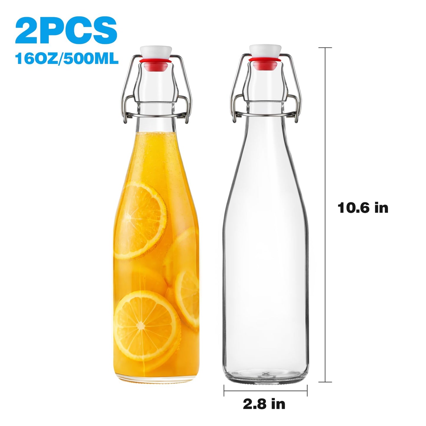 FrutPunch 16OZ Swing Top Glass Bottles, 2 Pack Flip Top Glass Bottle with Airtight Lid for Fermentation, Kombucha, Mead, Coquito, Vinegar, Beer, Kefir, Wine, Soda, Juice for Home Brewing