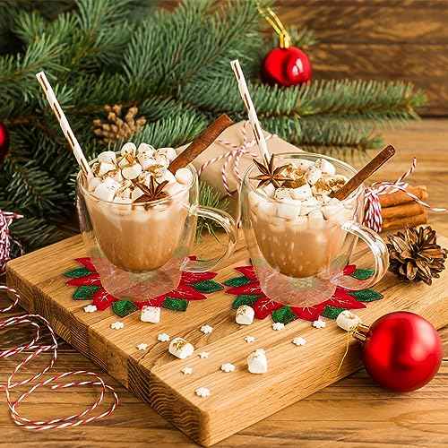 Whaline 10Pcs Christmas Embroidered Coaster Applique Poinsettia Double Layer Coaster Xmas Flower Cup Mat Pad for Christmas Winter Holiday Home Kitchen Office Table Decoration (4 x 4 Inch)