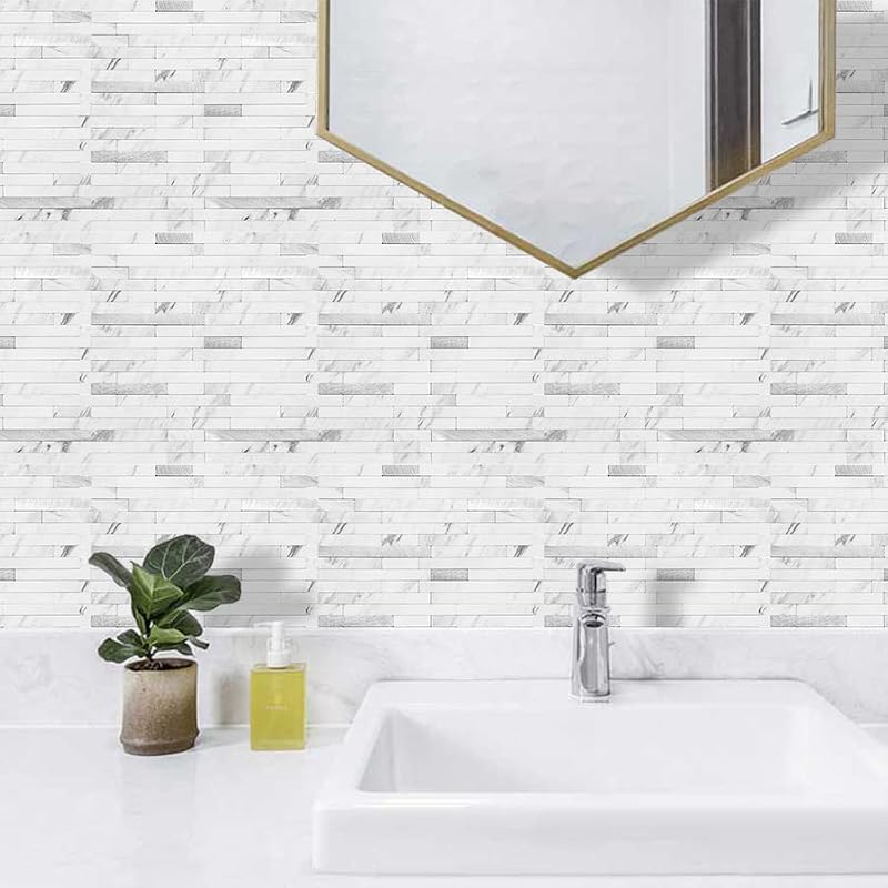 Faux Stone Peel and Stick Backsplash Tiles - White Marble Look, 20 Sheets with Silver Metal Accents, 11.7x5.9in, Easy DIY Wall Covering