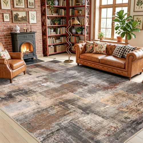 8x10ft Brown Abstract Area Rug - Non-Slip Low Pile Carpet for Living Room
