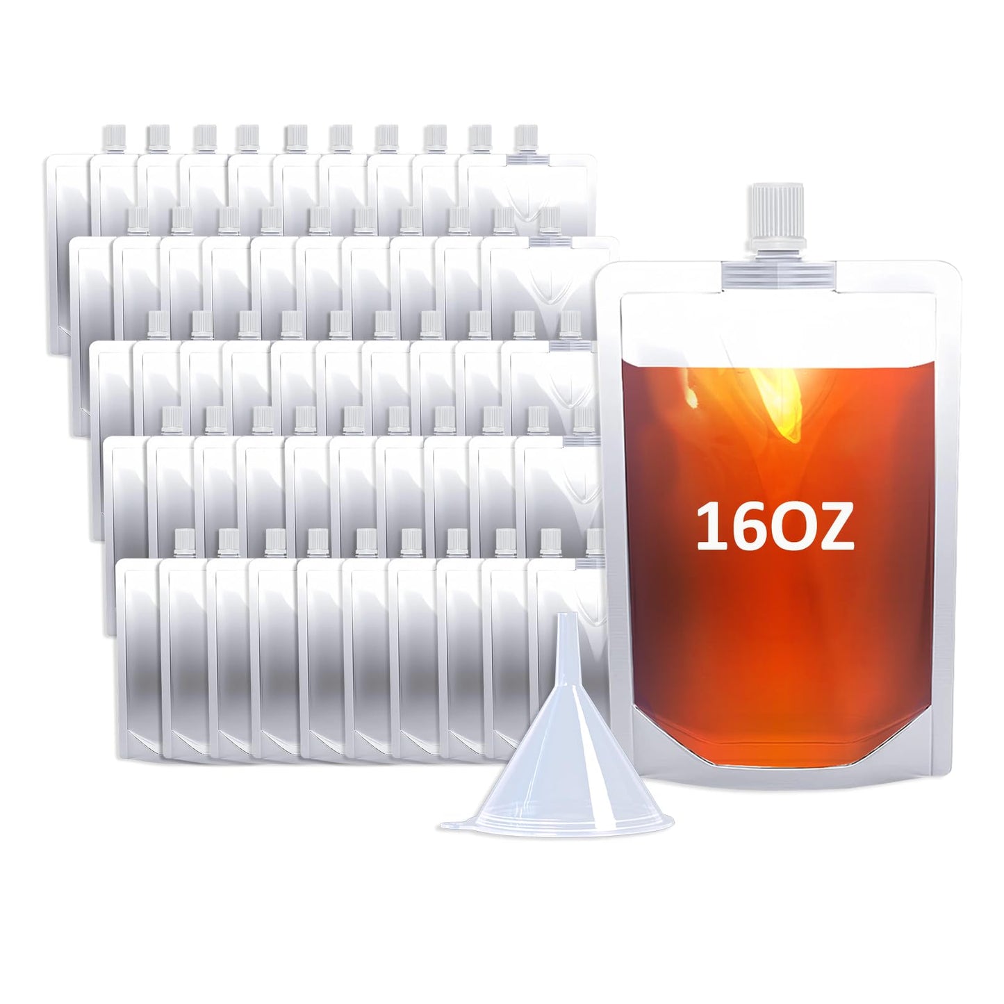 Cloudslucky 16OZ 50PCS Drink Pouches,Reusable Plastic Flask with Funnel for Drinking Liquid Juice,Stand Up Drink Bags for Travel Camping Outdoor Sport Concert Events,Leak-Proof Food Grade