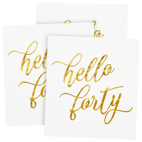 BLUE PANDA 40th Birthday Napkins - 50-Pack, 5 x 5 In Folded, White with Gold Foil Hello Forty Script - 3-Ply Absorbent Disposable Cocktail Napkins for Women & Men