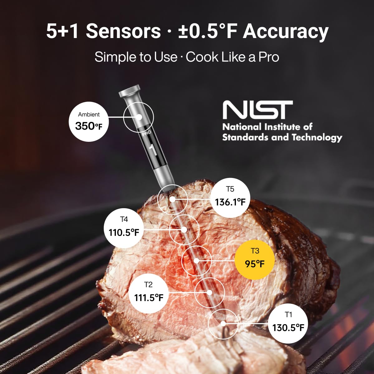 ThermoMaven Smart Wireless Meat Thermometer - Long Range 3000FT, 6 Sensors, NIST Certified Accuracy, Large LCD Display