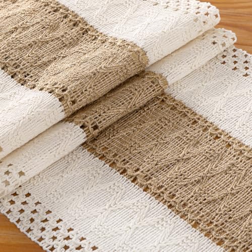 DeZerlor Ivory & Burlap Brown Farmhouse Table Runner 12x48 Inch Woven Dining Decor